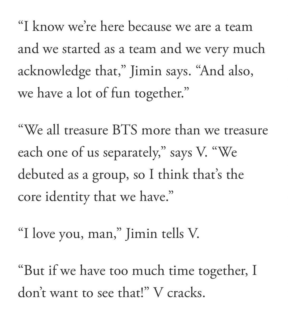 구오즈가 방탄을 왤케 사랑함 😭😭😭….♡ 

🐥 저는 우리가 하나의 팀이고, 팀으로 시작했기 때문에 여기에 있다는 걸 잘 알고 있어요. 그리고 무엇보다도 함께 있을 때 정말 즐거워요.
🐻 우리는 각자 개인으로서 보다도 BTS 라는 이름을 더 소중하게 생각해요. 그룹으로 데뷔했잖아요. 그게 우리의