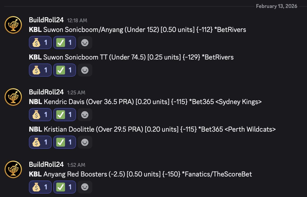 BuildRoll24's tweet photo. BOOM 💥 

CASH THE FREE PLAY. CASH EM ALL.

A PERFECT 5-0 THIS AM ON WAKE N CASH!

ARE YOU NOT ENTERTAINED? 

THERE IS 1 OVERSEAS 👑

5-0
✅ ANYANG -2.5 🇰🇷 
✅ KT TT U 74.5  🇰🇷
✅ KT/ANYANG U 152 🇰🇷
✅ K. DAVIS O 36.5 PRA 🇦🇺
✅ K. DOOLITTLE O 29.5 PRA 🇦🇺

#kbl #NBL #SportsPicks https://t.co/NkKZ3xAAvo