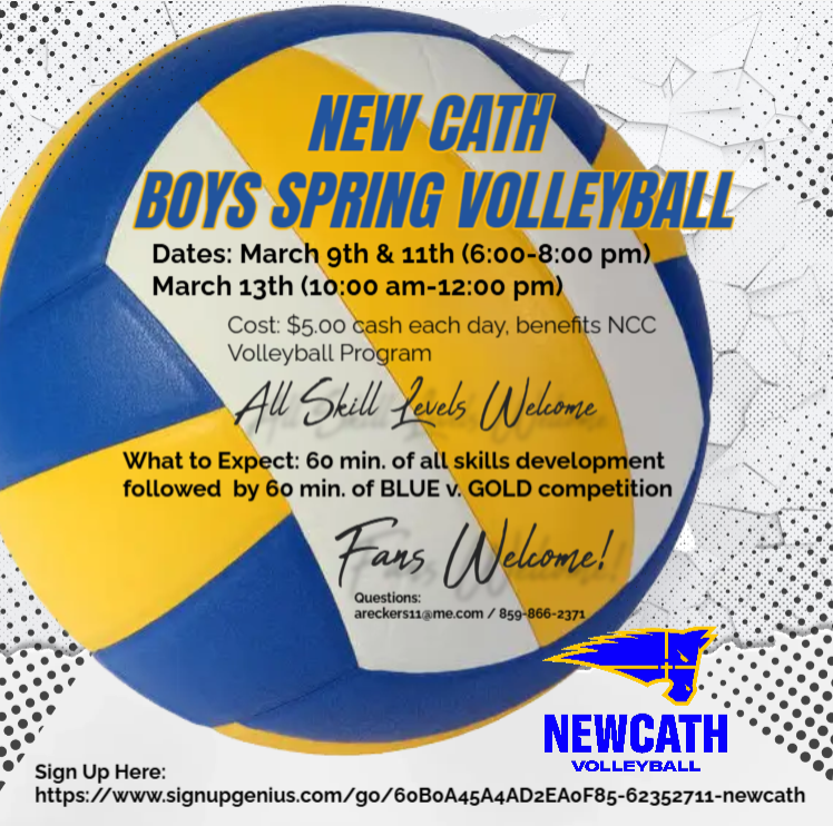 NewCathBreds's tweet photo. NewCath Boys Spring Volleyball

Sign Up Here:  https://t.co/dqmEfg5Udi

Questions: Coach Angie Reckers – areckers11@me.com https://t.co/FZp86xSLED
