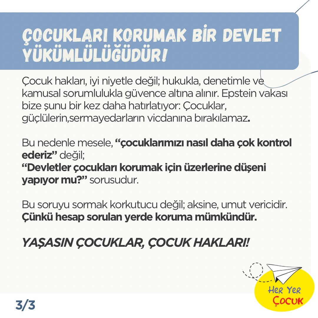 HerYerCocuk's tweet photo. Çocukları Korumak Bir Devlet Yükümlülüğüdür ‼️

Ebeveynlere düşen rol suçluluk duymak ya da korku içinde yaşamak değildir. Aksine, hak temelli bir bakış açısıyla şunu talep etmektir:
“Ben çocuğumu seviyorum ve korumak istiyorum. Ama bunun için yalnız bırakılmak istemiyorum.” https://t.co/msKPVGHwv5