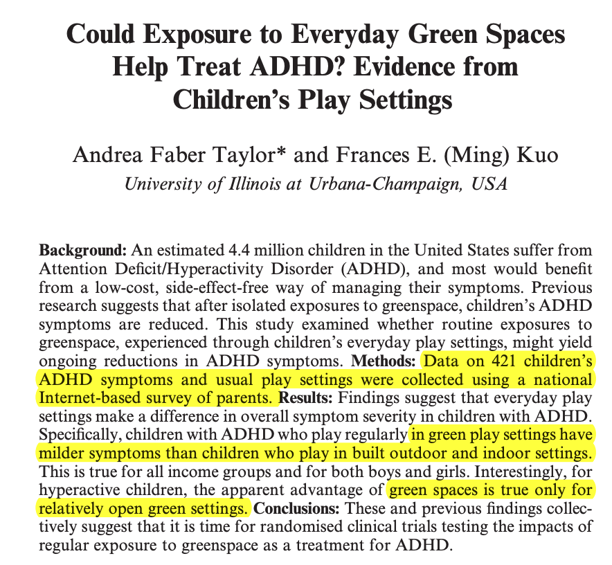 BrandonLuuMD's tweet photo. The more time children spend outside, the better their ADHD symptoms tend to be https://t.co/k9WNcY9UZa