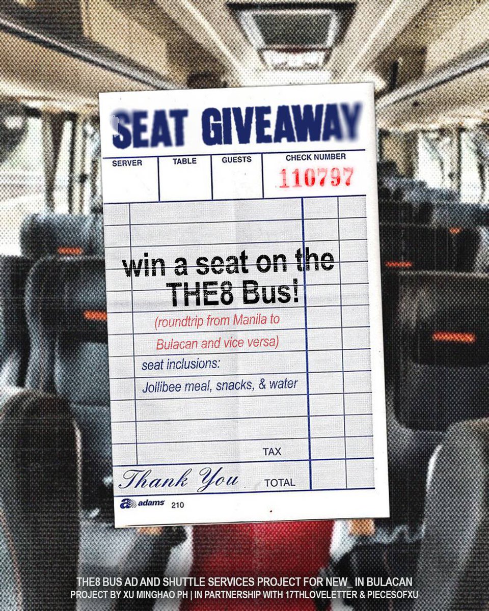 📣 𝗦𝗘𝗔𝗧 𝗚𝗜𝗩𝗘𝗔𝗪𝗔𝗬 📣

One lucky CARAT is getting a roundtrip ride on the THE8 Bus, all thanks to the support &amp; generosity of our sponsor. 🤍

𝗠𝗲𝗰𝗵𝗮𝗻𝗶𝗰𝘀:
• Follow us <a href="/xuminghaoph/">Xu Minghao PH</a>
• Like + RT this tweet and the quoted tweet

🎟️ Seat includes: Jollibee meal and