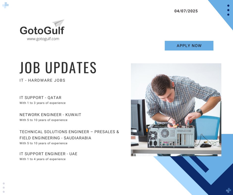 GotoGulf's tweet image. Click on the below link to apply for the job vacancies, gotogulf.com/PublicSearchVi…
#jobseekers #ITsupport #networkengineer #Technicalsolutionsengineer #ITsupportengineer #Qatar #kuwait #UAE #saudiarabia #GCC