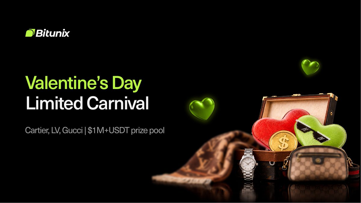 BitunixOfficial's tweet photo. Luxury rewards this Valentine’s 💚

Join the Bitunix Valentine’s Day Limited Carnival for a chance to win from a $1M+ prize pool featuring Cartier, LV, Gucci and USDT rewards.

Trade, participate and unlock exclusive prizes.

🔗 https://t.co/luNmOOptxI
🗓 Feb 13 – Feb 28 https://t.co/ZF32LpjPkS