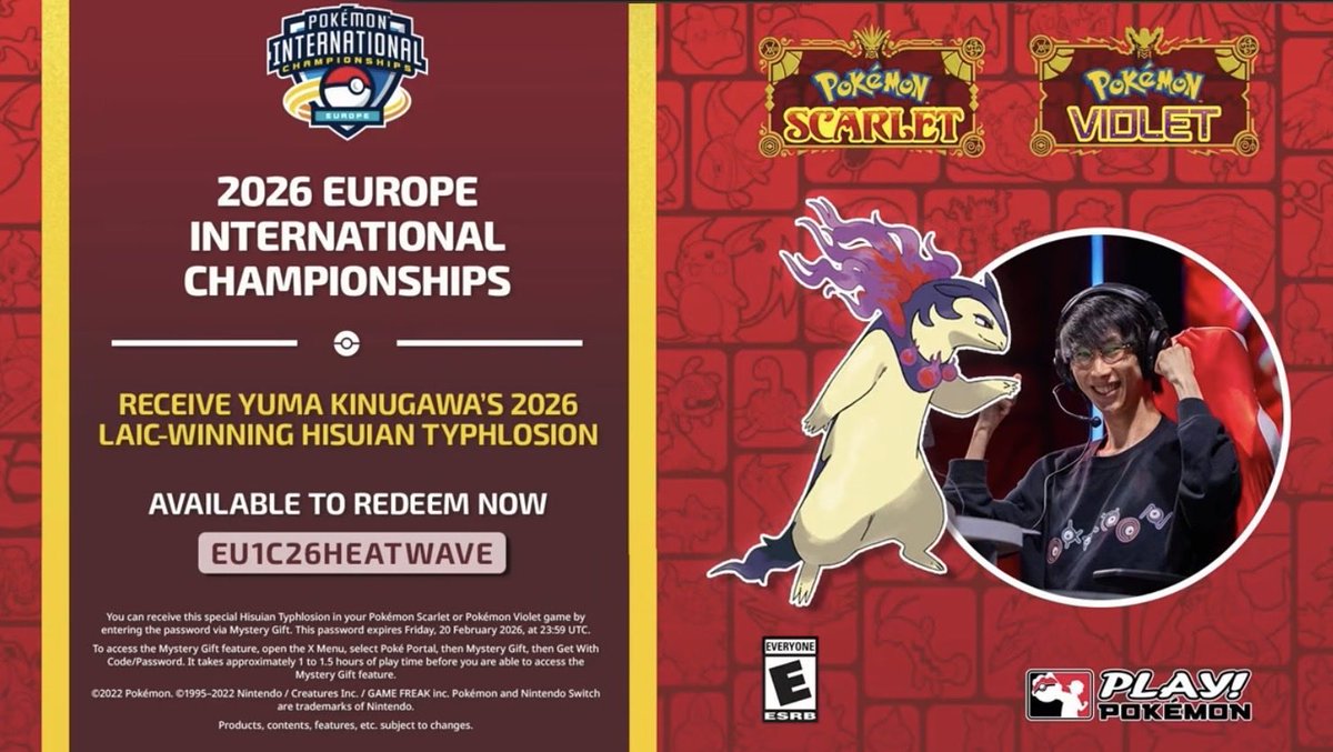 Começou a nova distribuição para Pokémon Scarlet &amp; Violet, em comemoração ao EUIC 2026. Ao resgatar o código abaixo, você receberá o Typhlosion de Hisui de Yumi Kinugawa.

➡️ EU1C26HEATWAVE

O código estará disponível até as 20:59 (BRT) do dia 20 de fevereiro.