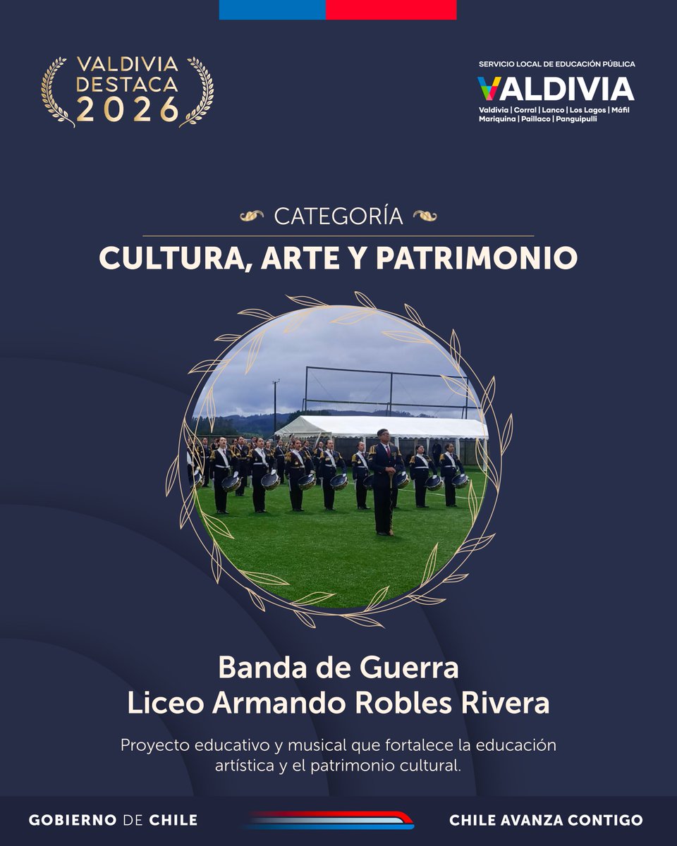 🏆NOMINACIÓN VALDIVIA DESTACA 2026 🗳️
🌿Categoría Cultura, Arte y Patrimonio 

Banda de Guerra del Liceo Armando Robles 

☝️Ya puedes votar en el formulario disponible en nuestra página web munivaldivia.cl 📲💚 y en consultaciudadana.munivaldivia.cl/index.php?r=ap… 👈🏽
