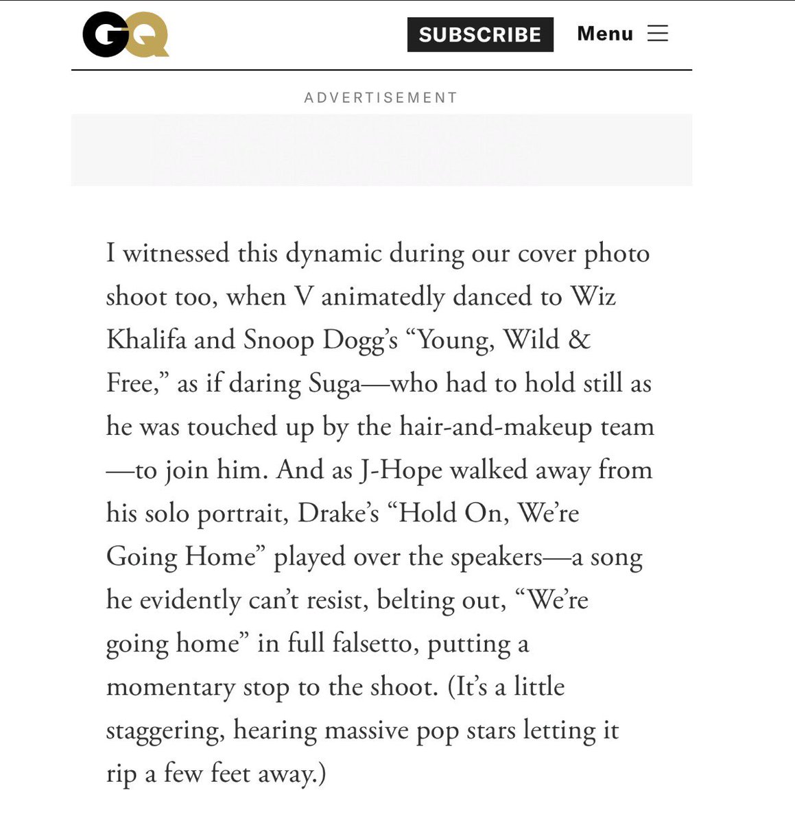 Taehyung is so mischievous 😭

“V animatedly danced to Wiz Khalifa and Snoop Dogg’s “Young, Wild &amp; Free,” as if daring Suga—who had to hold still as he was touched up by the hair-and-makeup team—to join him”