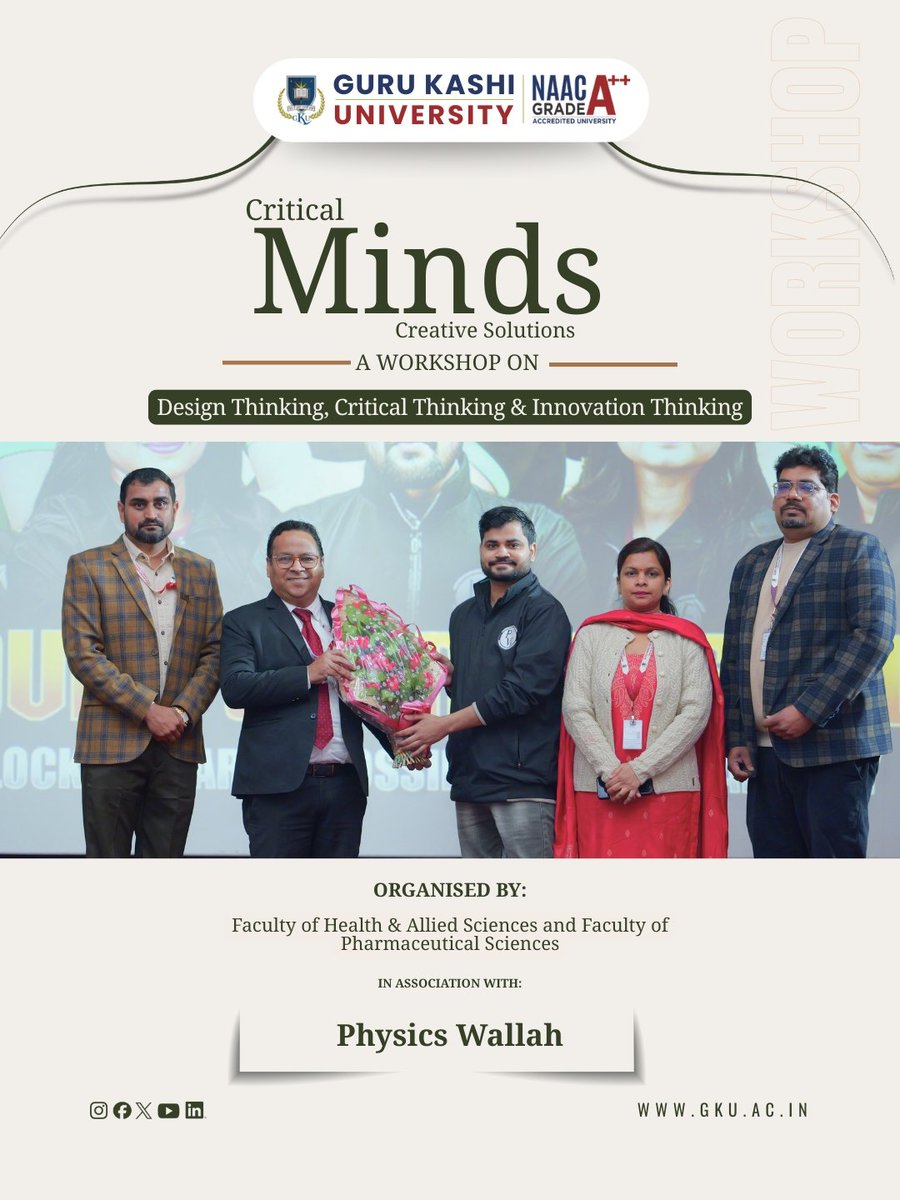 gurukashiuniv's tweet photo. A workshop on "Design Thinking, Critical Thinking, and Innovation Design“ was organised, led by Ms. Asthaa Navlani and Mr. Gajendra Upadhyay as the resource persons, in collaboration with Physics Wallah.
#DesignThinkingWorkshop #GKU https://t.co/AP0rMxiWpq