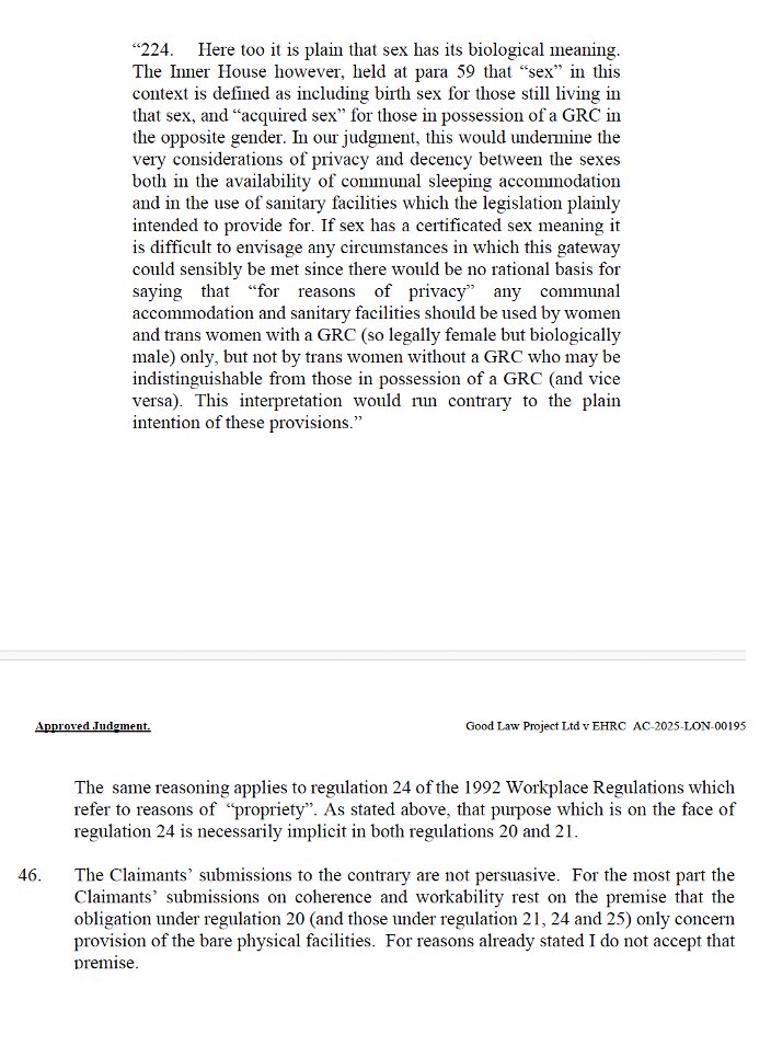 Two main observations on first reading of the judgment in R (Good Law Project) v EHRC:

1) The judge found that s.9(3) GRA applies to the Workplace (Health, Safety and Welfare) Regulations 1992. Hence “sex” in the Regs means biological sex, and the requirement in the Regs .../1