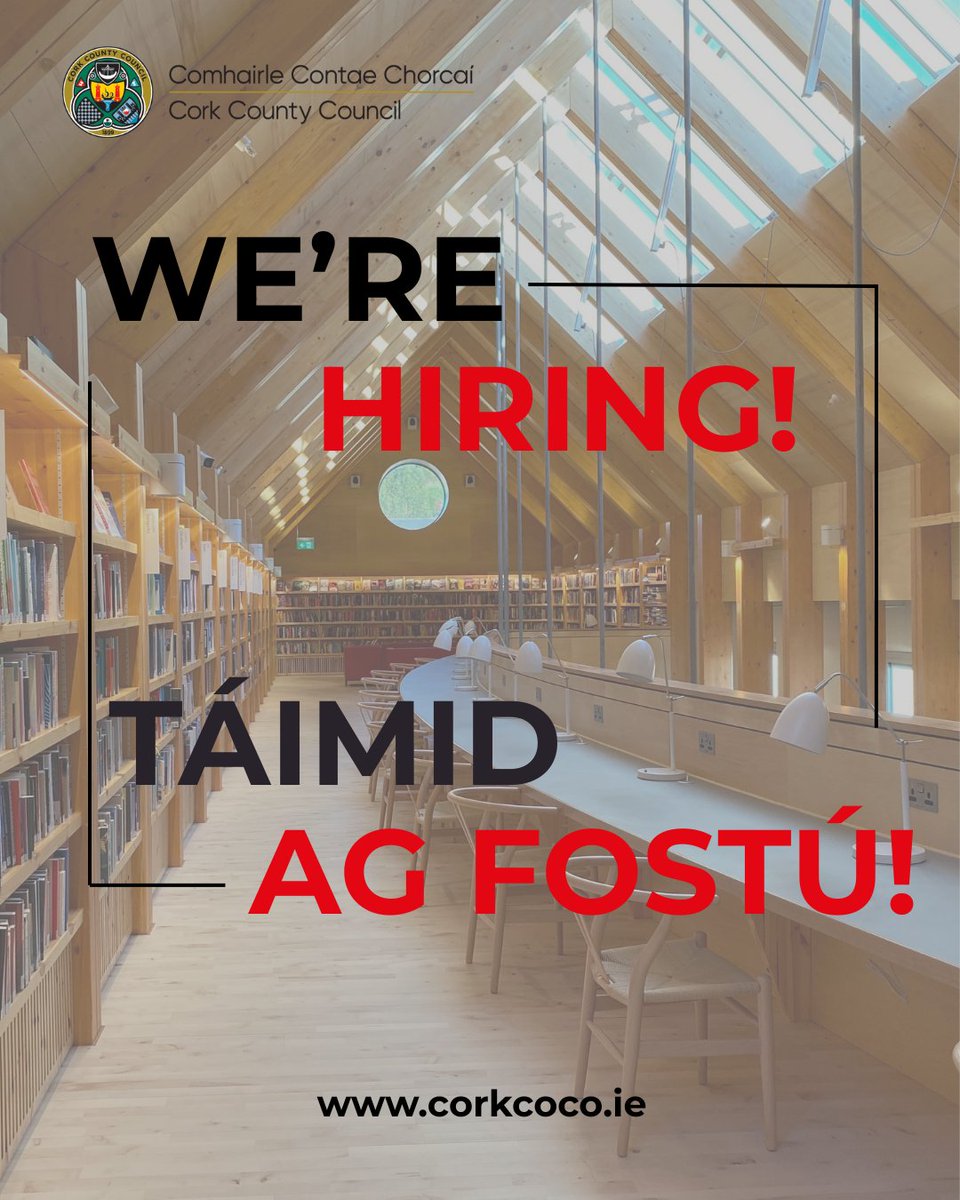 Corkcoco's tweet image. 📣 CORK COUNTY COUNCIL REQUIRES

•Librarian (Grade 5)

🗓️ Closing 4pm on 06/03/26

➡️ Further details are available at corkcoco.ie/en/council/car…

#LocalGovJobs, #IrishJobFairy, #CorkJobs⠀⠀

📣 TÁ COMHAIRLE CONTAE CHORCAÍ AG LORG

•Leabharlannaí (Grád 5)

🗓️ Iarratais roimh 4.00