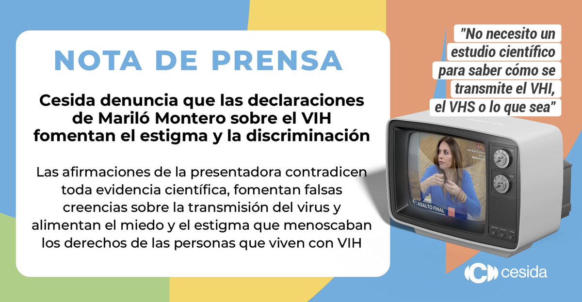 🚨Cesida denuncia que las declaraciones de Mariló Montero sobre el VIH fomentan el estigma y la discriminación. Las afirmaciones de la presentadora contradicen toda evidencia científica, fomentan falsas creencias sobre la transmisión del virus y alimentan el miedo y el estigma