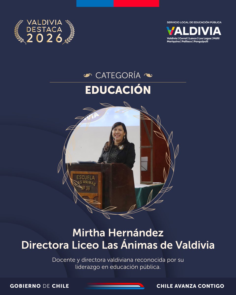 🏆NOMINACIÓN VALDIVIA DESTACA 2026 🗳️
🌿Categoría Educación 

Mirtha Hernández - Directora Liceo Las Ánimas de Valdivia

☝️Ya puedes votar en el formulario disponible en la página web munivaldivia.cl 📲💚 y en consultaciudadana.munivaldivia.cl/index.php?r=ap… 👈🏽