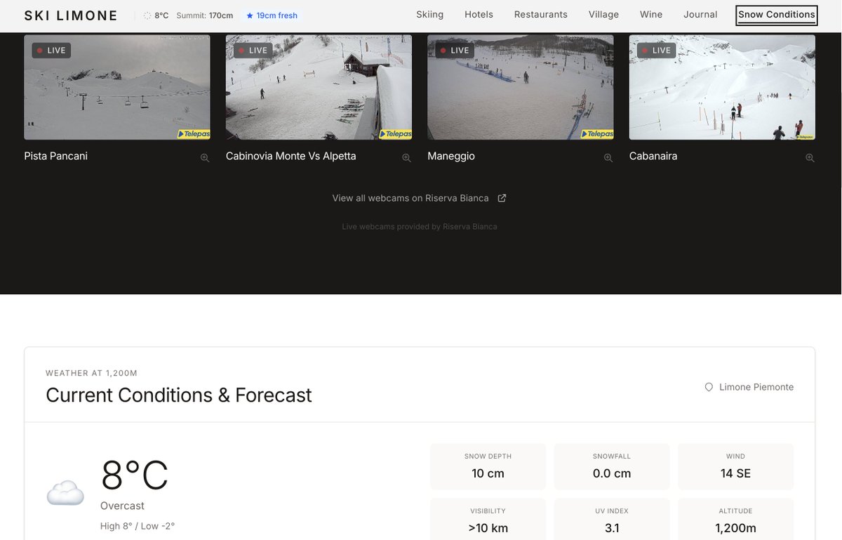 First: skilimone.com – a curated guide to my favorite local resort (Limone Piemonte, Italy). Real-time snow conditions, webcams, my fav hotels, restaurants. Built in a weekend to scratch my own itch.  <a href="/cursor_ai/">Cursor</a> <a href="/cursorcommunity/">Cursor Community⬛</a>