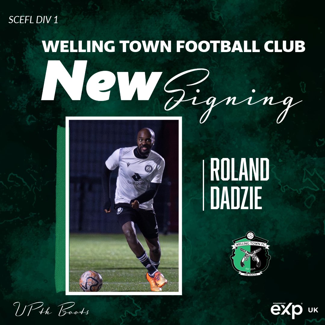 WellingTownFC's tweet photo. Welling Town are pleased to announce new signing Roland Dadzie🔥

Roland is a central midfielder with experience that adds to our squad ⚽️ 
💚🖤🥾🤝

#UpTheBoots https://t.co/XjLJfJmtGL