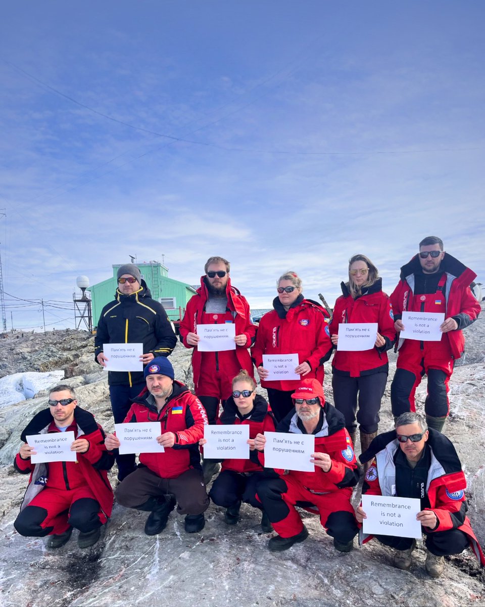 nasc_ua's tweet photo. Polar explorers supported skeleton racer Vladyslav Heraskevych from the most remote corners of Ukraine — the Vernadsky station and aboard the Noosfera 🚢🇦🇶

They displayed a sticker with the now well-known slogan "Remembrance is not a violation".

"We must remember those whose plans and dreams were destroyed by Russian aggression. Athletes who will never compete for medals again. Scientists who will never participate in research, including with us at Vernadsky. Artists who will never create their own masterpieces... and many, many others who will never realise their ideas," said Oleksandr Poluden, base commander of the 30th Ukrainian Antarctic Expedition.

🤍 He thanked Vladyslav Heraskevych for powerfully reminding the whole world of those we have lost: the innocent victims of war and the defenders of Ukraine.

"Vladislav, for us, you are already a champion. You have already won because you have shown the whole world what dignity looks like. There will be many sporting victories ahead — we will always cheer for you," added Oleksandr.

The entire polar community joins in these words. Thank you! And let's hold on for Ukraine's victory 🇺🇦

#RemembranceIsNotAViolation 
#ПамятьНеПорушення