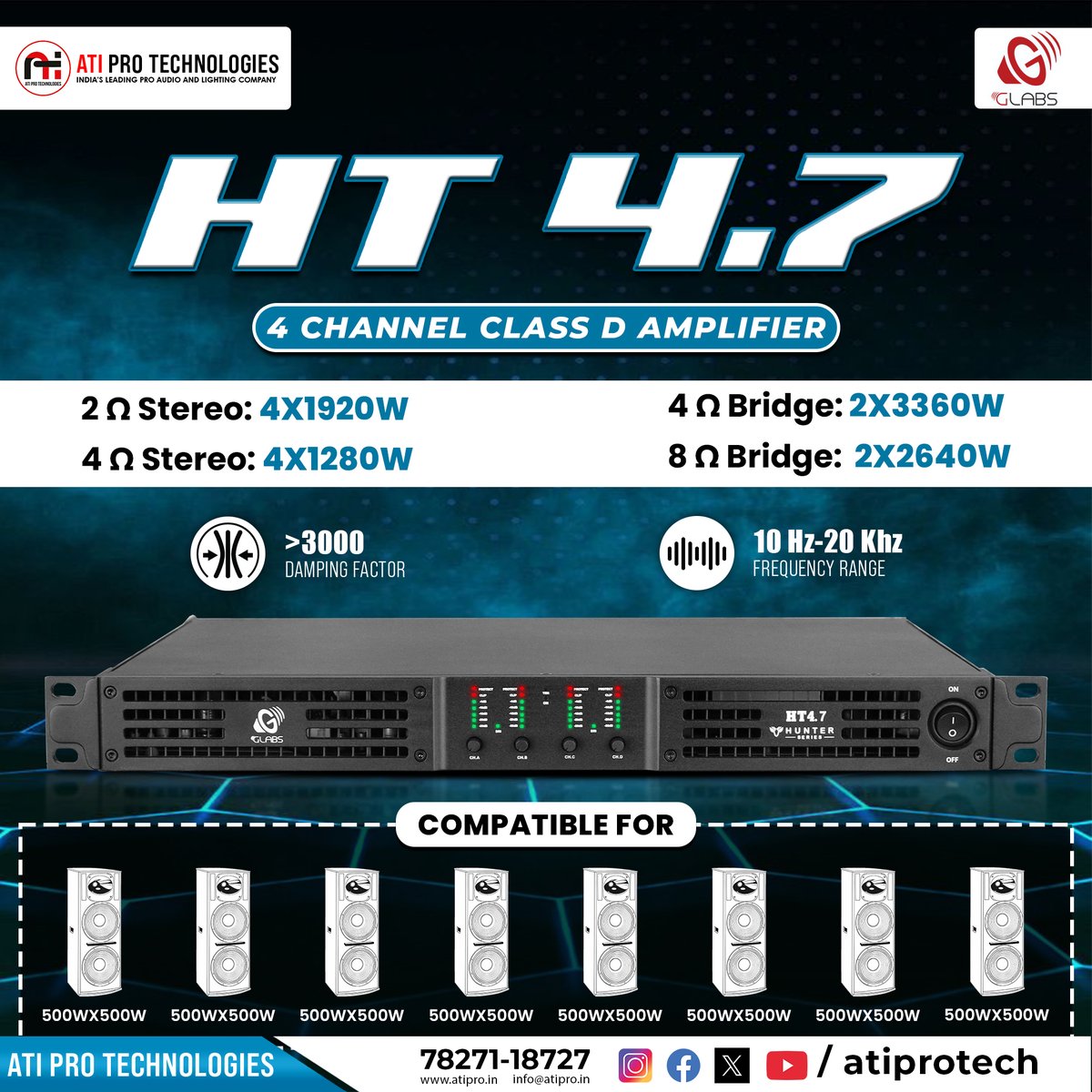atiprotech's tweet image. Serious power. Serious performance. 🔥

GLabs HT4.7 4 Channel Class D Amplifier
4x1920W @ 2Ω | 2x3360W Bridge | Damping &amp;gt;3000
Built to control every beat with precision. 🔊💪
#GLabs #HT47 #ClassDAmp #ProAudio #HighPower #SoundSystem #ATIProTechnologies