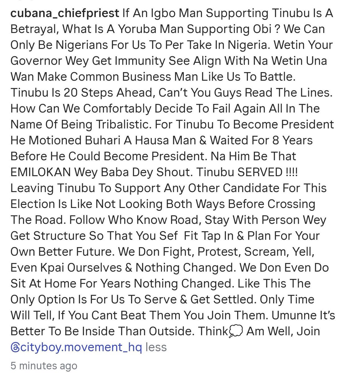 NigeriaStories's tweet photo. “An Igbo man supporting Tinubu is called betr@yal, but what do you call a Yoruba man supporting Obi? Tinubu supported Buhari, a Hausa man, and waited eight years before becoming president. If you can’t beat them, you join them.”

~  Cubana ChiefPriest says https://t.co/GJyl6QHETk