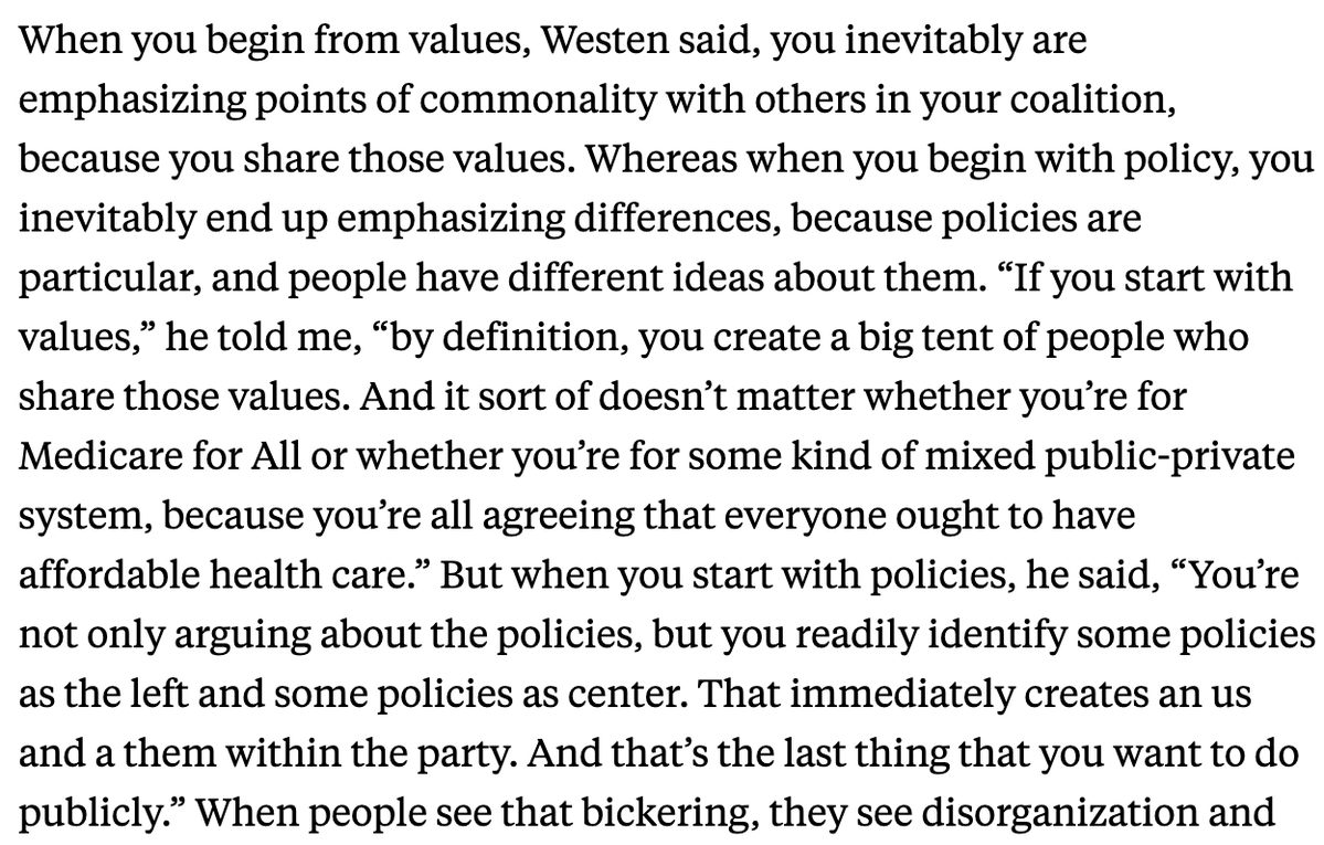 interesting point in <a href="/mtomasky/">Michael Tomasky</a>'s latest on Democrats' tendency to talk first about specific policies over broad values. Republicans generally do the opposite 

newrepublic.com/article/205821…