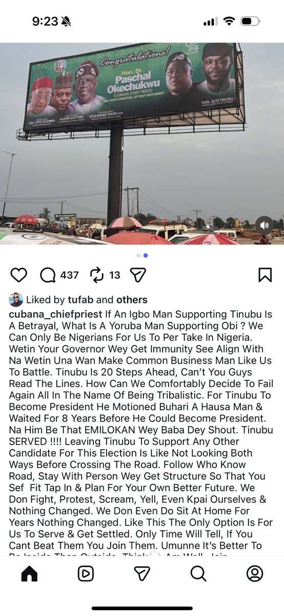 NigeriaStories's tweet photo. “An Igbo man supporting Tinubu is called betr@yal, but what do you call a Yoruba man supporting Obi? Tinubu supported Buhari, a Hausa man, and waited eight years before becoming president. If you can’t beat them, you join them.”

~  Cubana ChiefPriest says https://t.co/GJyl6QHETk