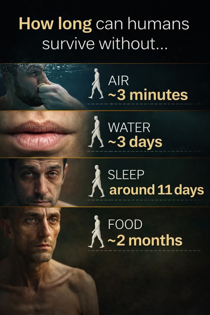 How long can human survive without  Air,Water , Sleep, Food.......!