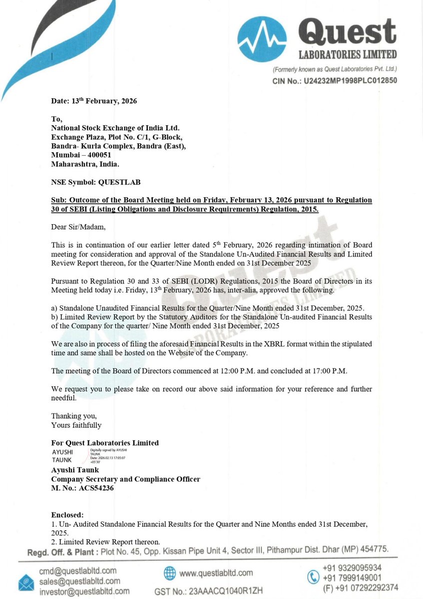 nileshkurhade's tweet photo. 📌 Quest Laboratories Limited informed the exchange about its approval for the financial results for the period ended December 31, 2025. #SME #QUESTLAB 📄🧾 https://t.co/pfsWuGDySS