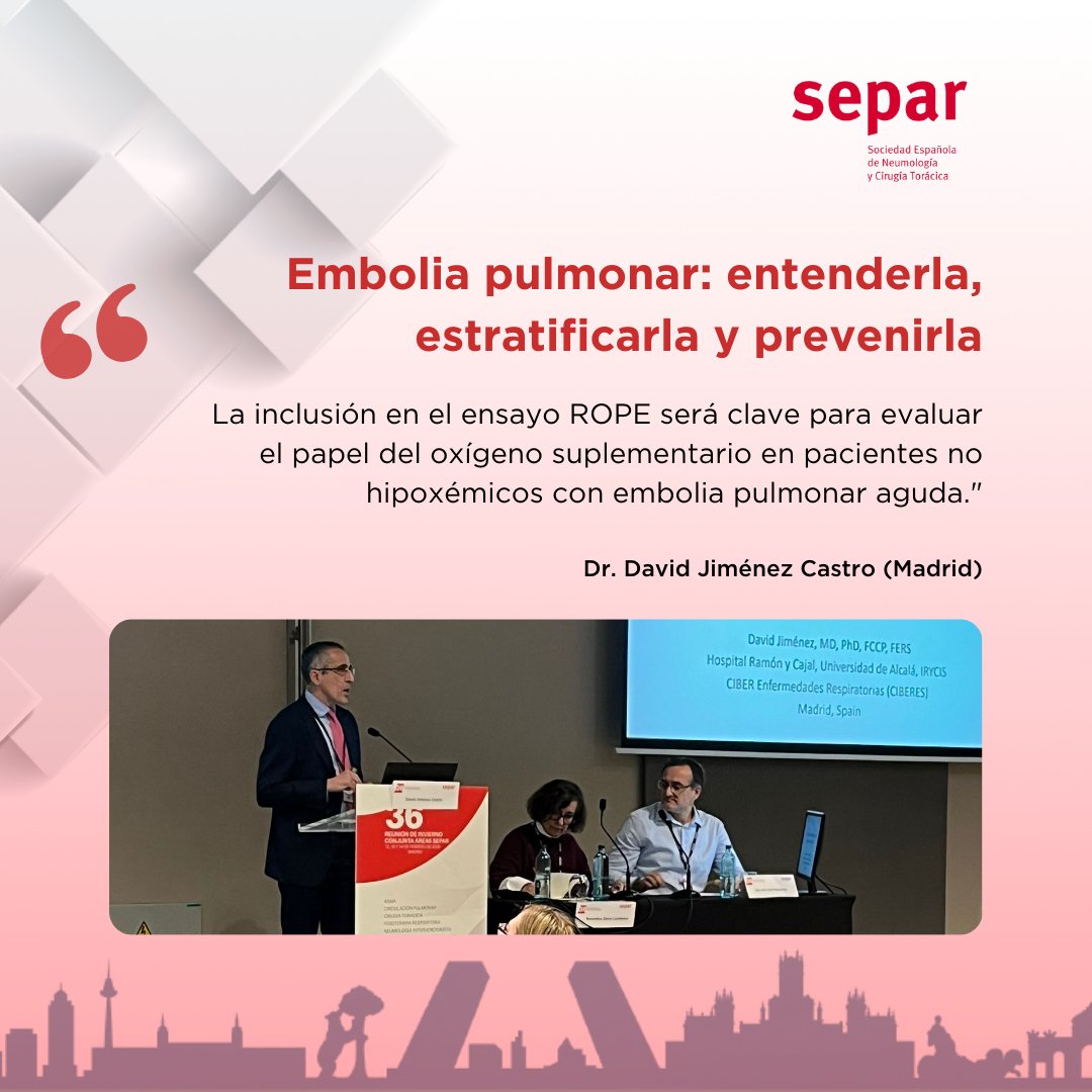 SeparRespira's tweet photo. 🫁 Conocemos los nuevos fenotipos de la embolia pulmonar en una sesión del Área de #CirculaciónPulmonar, donde se ha abordado cómo comprender, estratificar y prevenir esta enfermedad.
#36RI #SEPAR #SaludRespiratoria https://t.co/Kfn9QuVYN9