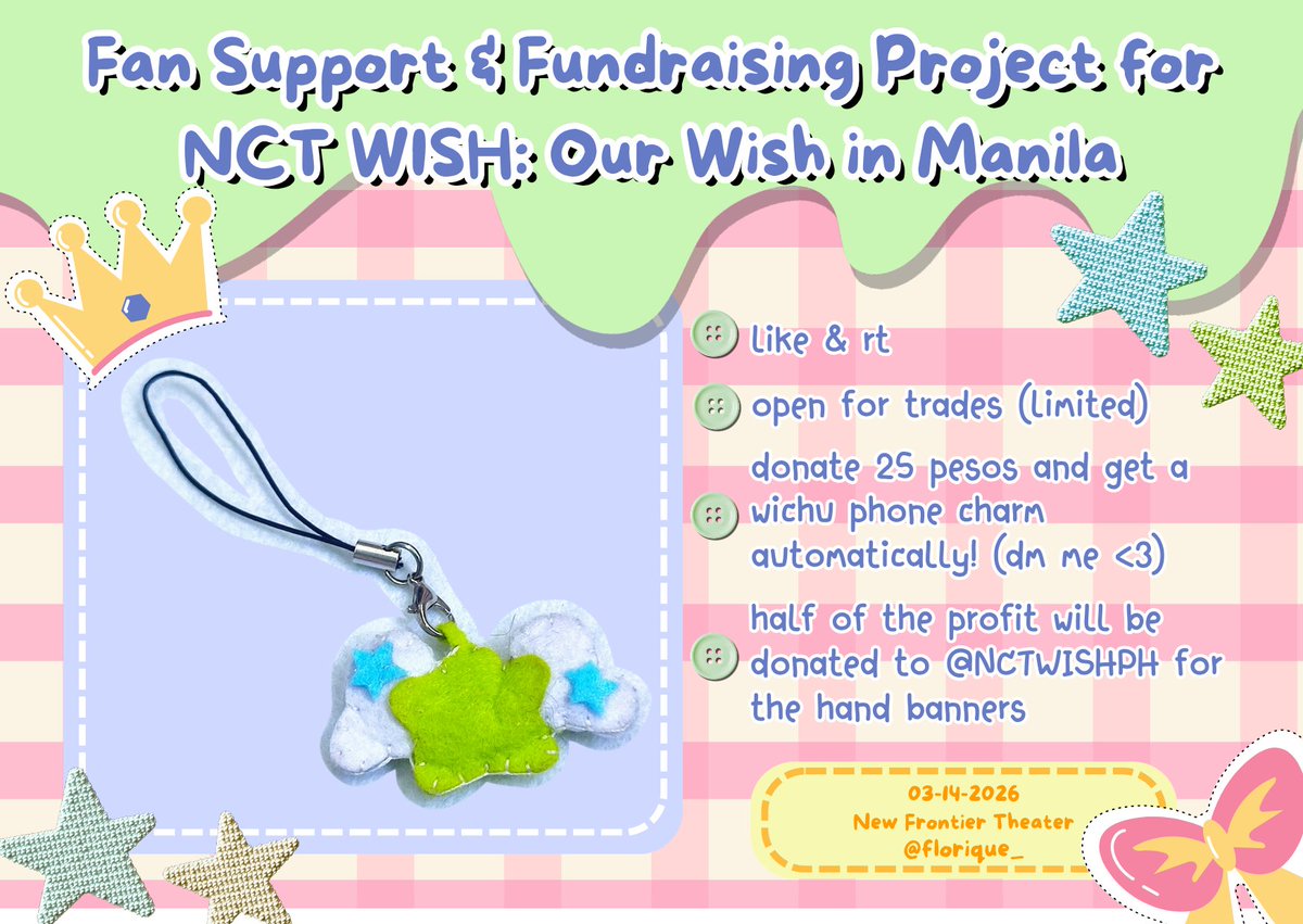 [REPOSTING]

˙⋆✮Fan Support &amp; Fundraising Project for Our Wish in Manila ✮⋆˙

 ꒰ঌWichu Phone Charm໒꒱

 ★ Donate 25 pesos and get a wichu phone charm automatically!
 ★ Half of the profit will be donated to <a href="/NCTWISHPH/">NCT WISH Philippines</a> for the hand banners!

#OurWISH_MANILA #OURWISHinMANILA