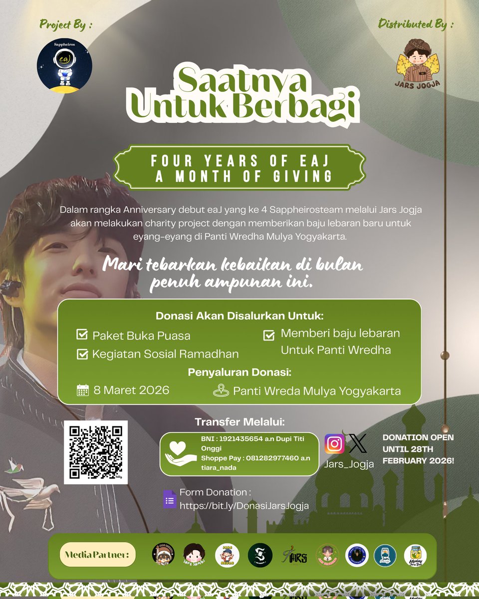 ⭐️ Four Years Of eaJ A Month Of Giving 🌙

Sambut bulan ramadan dengan semangat berbagi dengan ikut berdonasi untuk membelikan baju lebaran dan makanan buka puasa untuk eyang-eyang di Panti Wredha.
 
🖇 bit.ly/DonasiJarsJogja

#eaJPark #eaJCharity #4YearsWitheaJ