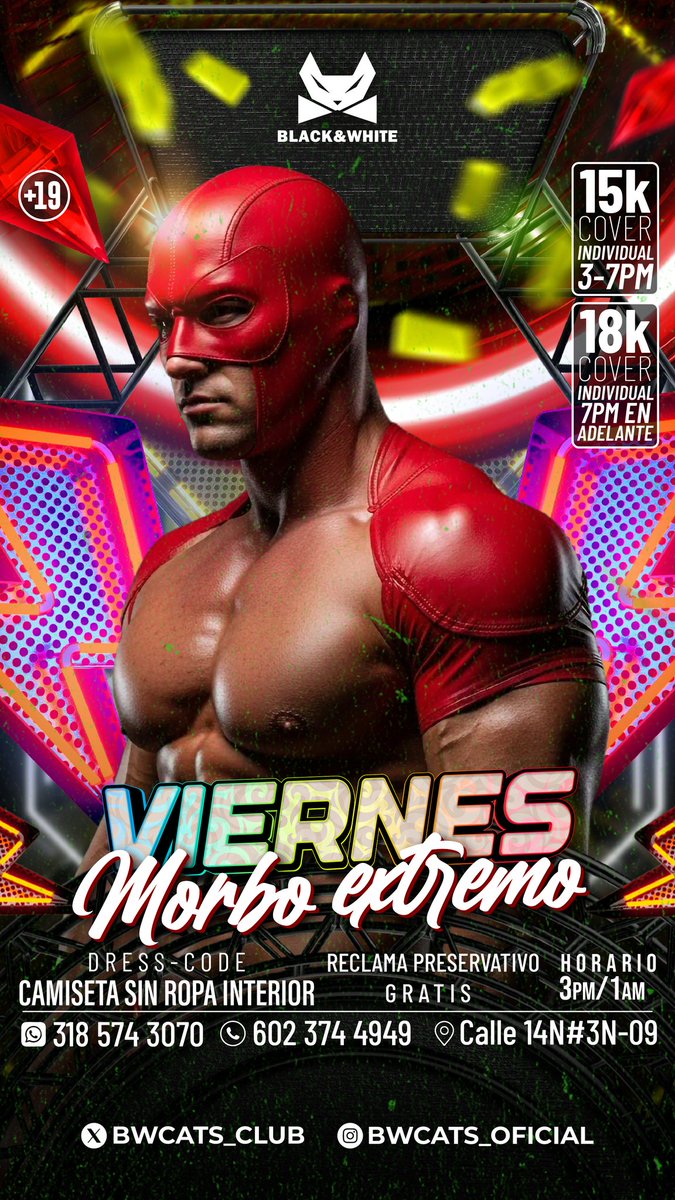 Bw_Clubcali's tweet photo. 🔥 VIERNES DE MORBO EXTREMO 🔥
La noche donde el deseo se quita la camiseta… literalmente.

😈 Dress code: camiseta sin ropa interior
🕒 3PM – 1AM
🎟️ Cover:
• 15K (3–7PM)
• 18K (7PM en adelante)
🛡️ Preservativos GRATIS
📍 Calle 14N #3N-09, Barrio Granada, Cali 
🔞 +19
Si te atreves a cruzar el límite, BLACK & WHITE te espera.

Mayor información 👇
📲 318 574 3070 – 602 374 4949
https://t.co/kbySw2N9BZ

#ViernesDeMorbo #MorboExtremo #BlackAndWhite #NocheProhibida #Cali