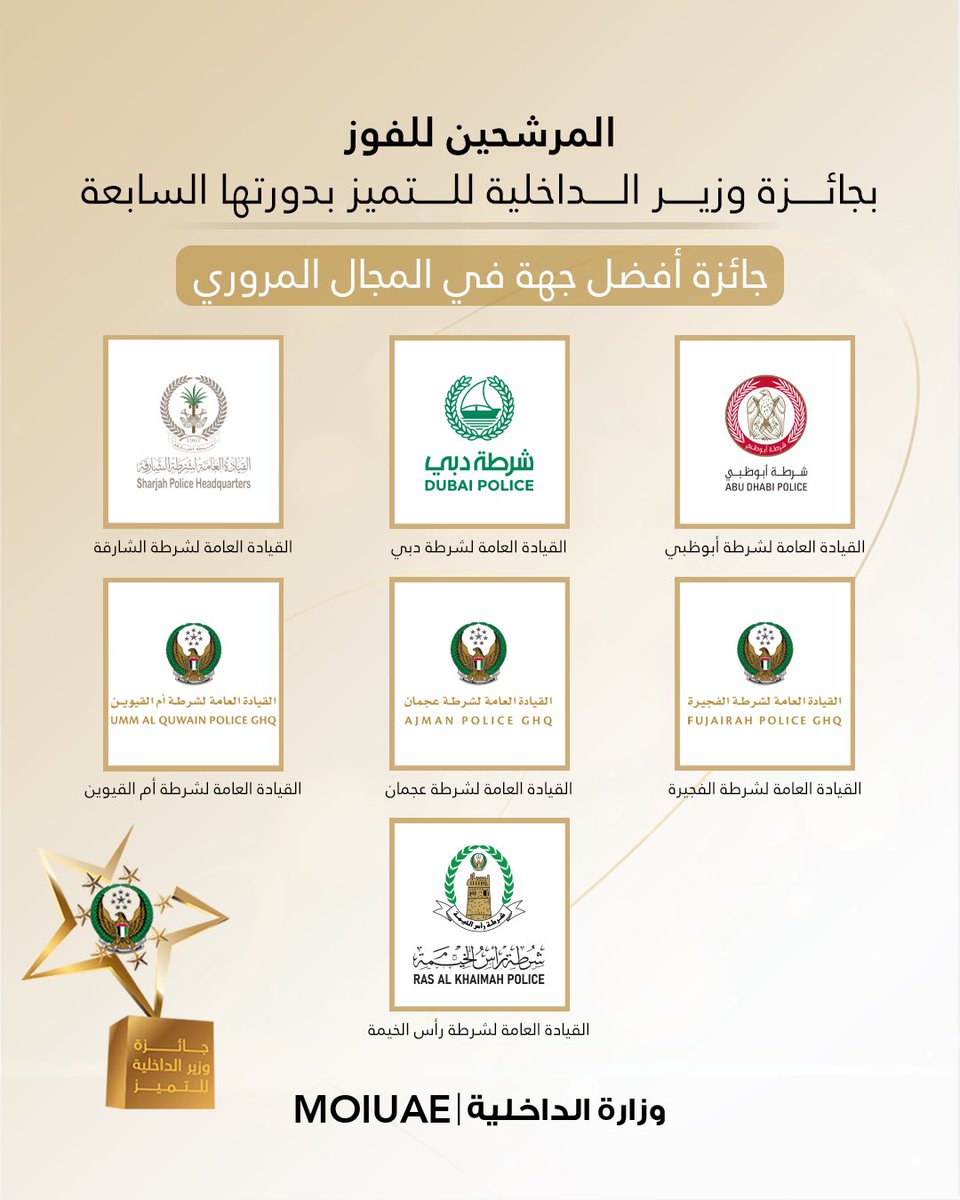moiuae's tweet photo. بدأت مرحلة جديدة في رحلة التميز.. إليكم القائمة المختصرة للمرشحين بالفوز بجائزة وزير الداخلية للتميز بدورتها السابعة على مستوى القيادات الشرطية وقطاعات وإدارات وزارة الداخلية، نشكر جميع المشاركين على جهود��م ومساهماتهم

#جائزة_وزير_الداخلية_للتميز 
#وزارة_الداخلية_الإمارات #الامارات_أمن_وأمان
#MOIUAE