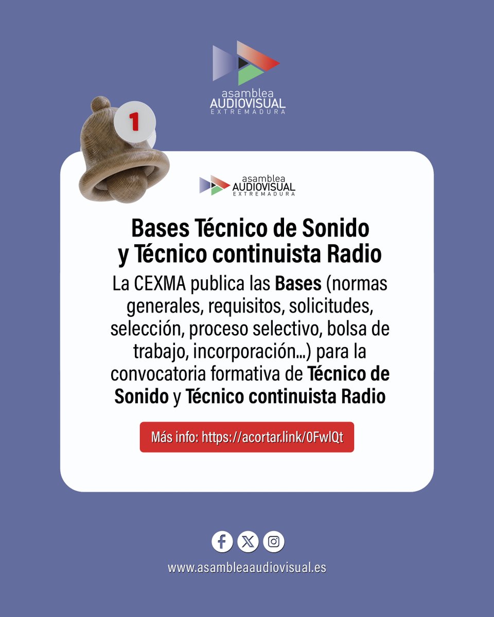 SindicatoASAEX's tweet photo. La #CEXMA publica las #Bases de la #ConvocatoriaPública para la cobertura temporal de 1 plaza de #TécnicoDeSonido y 1 plaza de #TécnicoContinuistaRadio, mediante contrato formativo. 
ℹ️ Bases: https://t.co/qOZeTwi4Wf 
#EmpleoAudiovisual #TrabajoAudiovsual #BolsaDeTrabajo https://t.co/Qpldg6OUmT