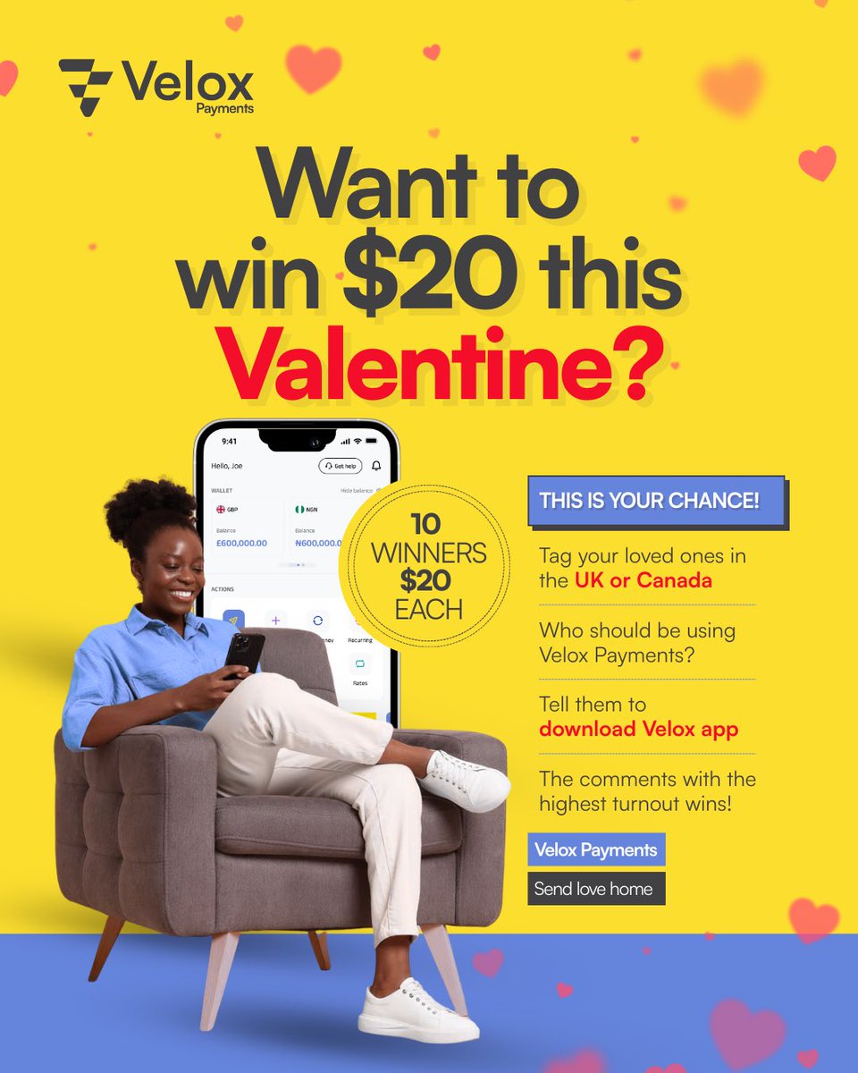 We have $20 for 10 people!

Simply tag your loved ones in the UK/Canada who should be using Velox Payments when sending love home.

Get them to download the app, and reply "DONE!" to your comment (we’ll verify 👀)

The comments with the highest turnout win!

T&amp;C apply! Good luck