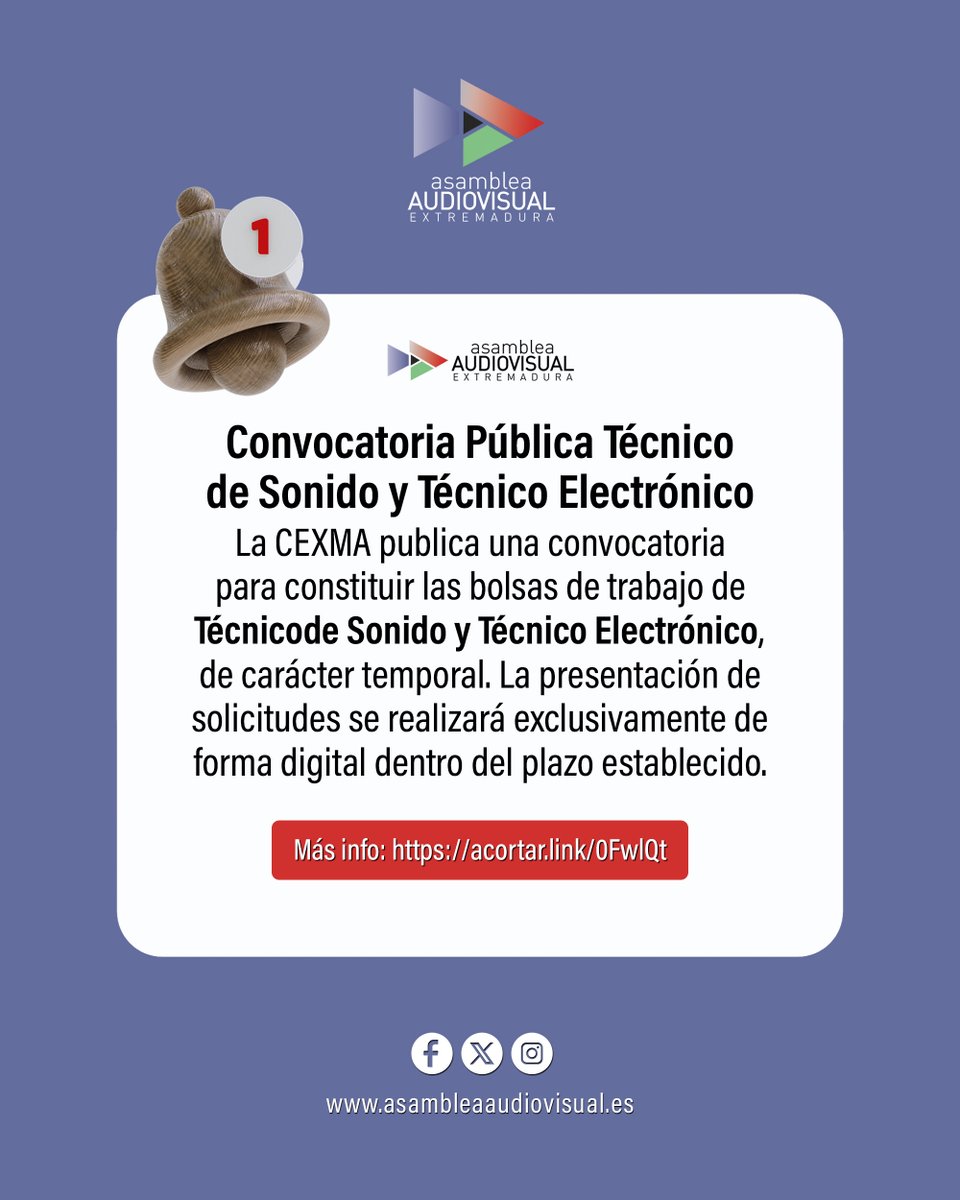 SindicatoASAEX's tweet photo. La #CEXMA abre #ConvocatoriaPública para la constitución de #BolsasDeTrabajo de #TécnicoDeSonido y #TécnicoElectrónico
ℹ️ Más info: https://t.co/qOZeTwhx6H
#SectorAudiovisual #EmpleoAudiovisual #TrabajoAudiovisual #CanalExtremadura https://t.co/pHw6n5Y3jP
