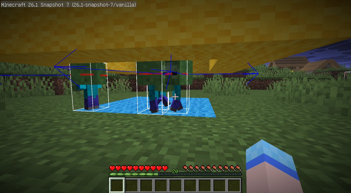 abc_kuma1025's tweet image. Minecraftの新しくなった子どもゾンビ、1ブロックの隙間を通り抜けられない高さになってます...！！
今までは高さが0.975ブロックだったので、隙間を通り抜けることができていました
当たり判定の拡大に加え、1ブロックの隙間を通り抜けられないのは大幅な弱体化なのでは...！？