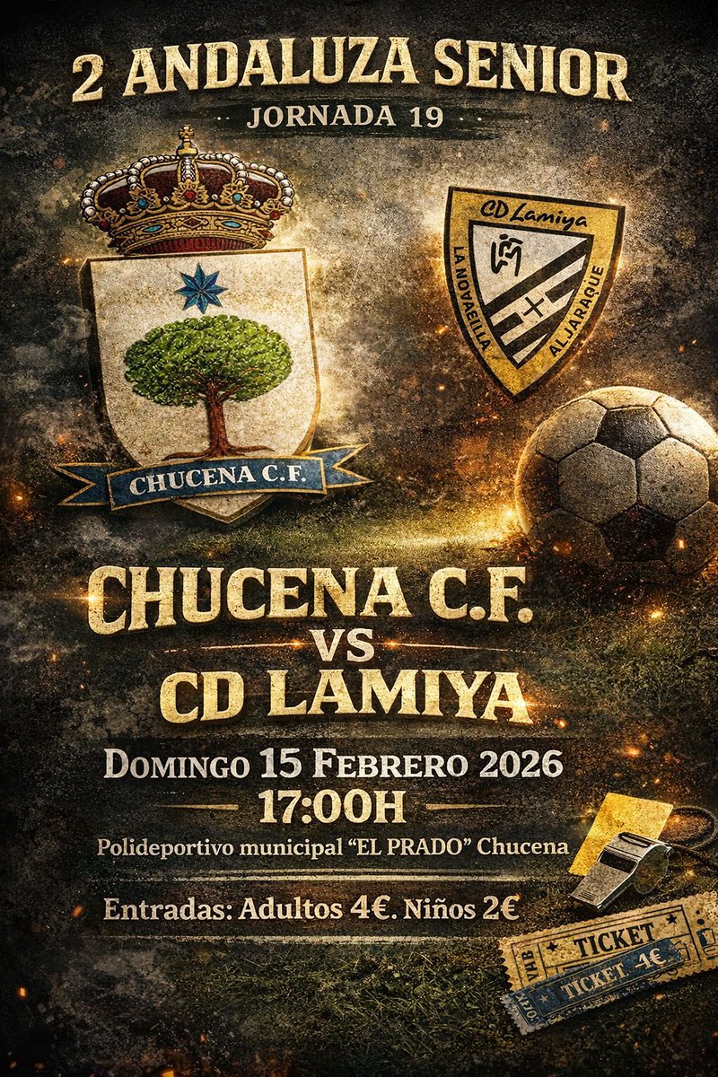 Horario de la 19º Jornada Segunda Andaluza Huelva Grupo 2º: 
⚽️ Chucena c f 🆚 CD Lamiya
📅 Domingo 15 de Febrero 
⏰ 17:00 
🏟 El Prado 
🛣 Chucena (Huelva)
🎫 Adulto 4€ Niños 2€