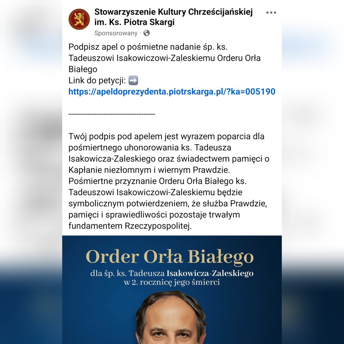 Chyba wszyscy się zgadzamy, że komu jak komu ale ks.Isakowiczowi-Zalewskiemu ten order należy się jak mało komu. 

Link do petycji w komentarzu.