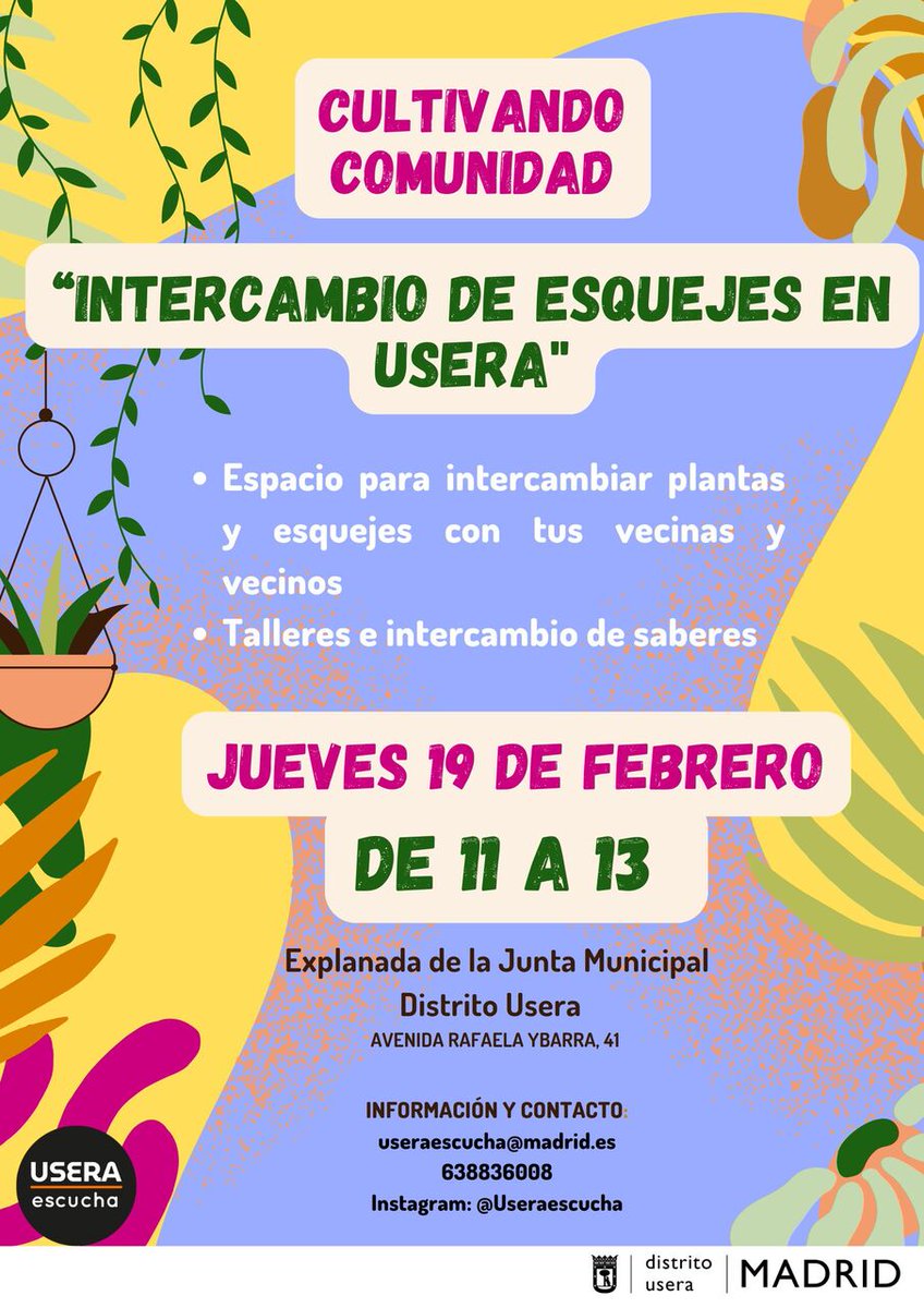 jmd_usera's tweet image. 🪴¿Tienes plantas en casa o te gustaría tenerlas?
📍Intercambio de esquejes y jardinería sostenible 
Explanada @jmd_usera 
Avda de Rafaela Ybarra 41

📆Jueves, 19 de febrero
De 11 a 13h
Actividad gratuita
#UseraEscucha

👉informate.madrid.es/6qbuu