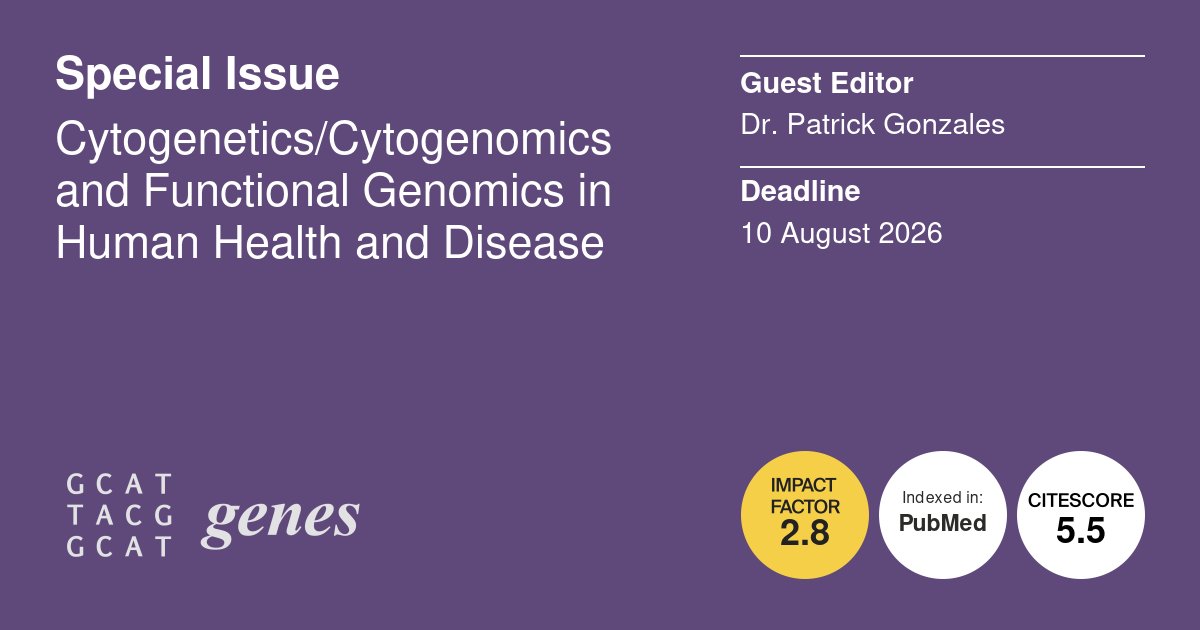 Genes_MDPI's tweet image. Special Issue Dedline extended!

Cytogenetics/Cytogenomics and Functional Genomics in Human Health and Disease

Guest Editor: Dr. Patrick R. Gonzales

Deadline for manuscript submissions: 10 August 2026

#cytogenetics #cytogenomics #microarray

Submit at: mdpi.com/journal/genes/…