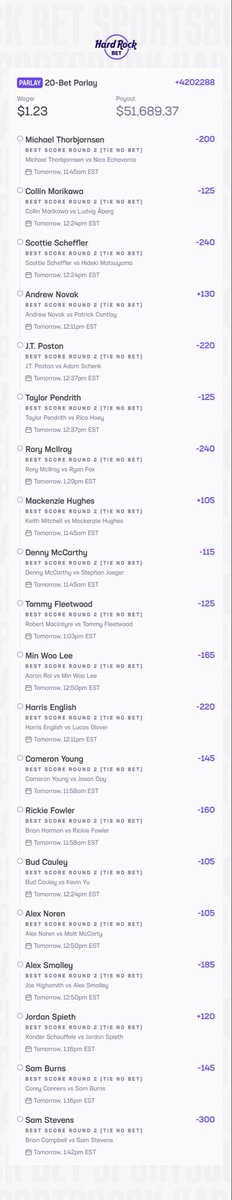 ROZgolfer23's tweet image. TWO BALL MOONSHOT. ⛳️ 🌕 

Hardrock only allows 20 legs so I picked my 20 favorite for the day. 

Waterdown version (or top 6 coming soon) 

🔗 👇