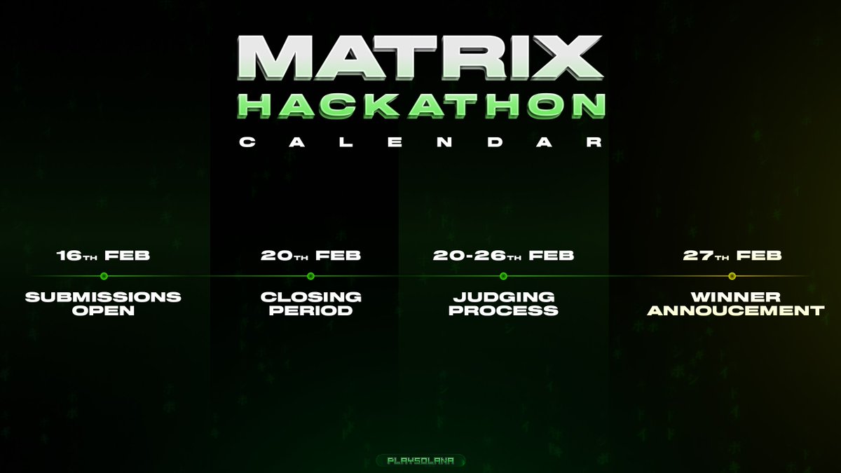 playsolana's tweet image. The Matrix Hackathon kicked-off the "hack season" on Solana and we are proud to see so many builders coming together to build for the PSG1 and more!

&amp;gt;16th of February - Submissions open
&amp;gt;20th of February - Submissions close
&amp;gt;20th to 26th of February - Judgind process
&amp;gt;27th of