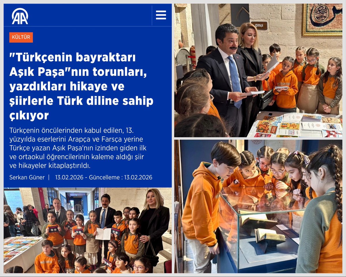 "Türkçenin bayraktarı Aşık Paşa"nın torunları, yazdıkları hikaye ve şiirlerle Türk diline sahip çıkıyor

🔗 aa.com.tr/tr/kultur/turk…

<a href="/tcmeb/">Millî Eğitim Bakanlığı</a> <a href="/Yusuf__Tekin/">Yusuf Tekin</a> 
<a href="/KirsehirValilik/">Kırşehir Valiliği</a> <a href="/DemiryurekSefa/">Murat Sefa Demiryürek</a> 
<a href="/yasingulsen9/">Yasin🇹🇷🇹🇷🇹🇷</a>