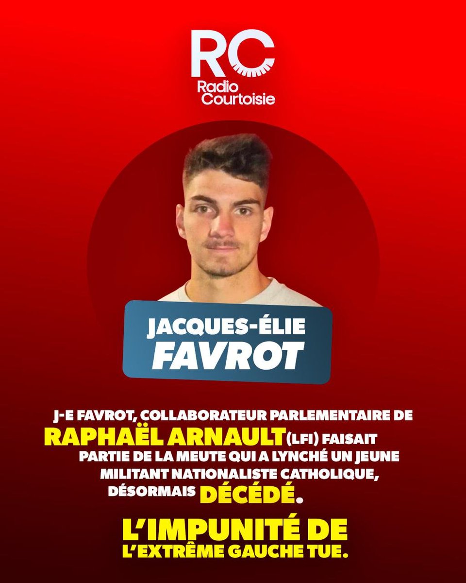 🚨 [L’EXTRÊME GAUCHE TUE] Jacques-Elie Favrot, collaborateur parlementaire de Raphaël Arnault (LFI), faisait partie de la meute d’antifascistes ayant lynché à mort un jeune militant nationaliste catholique de 20 ans à Lyon. Le collectif « La Jeune Garde » est mentionné par les