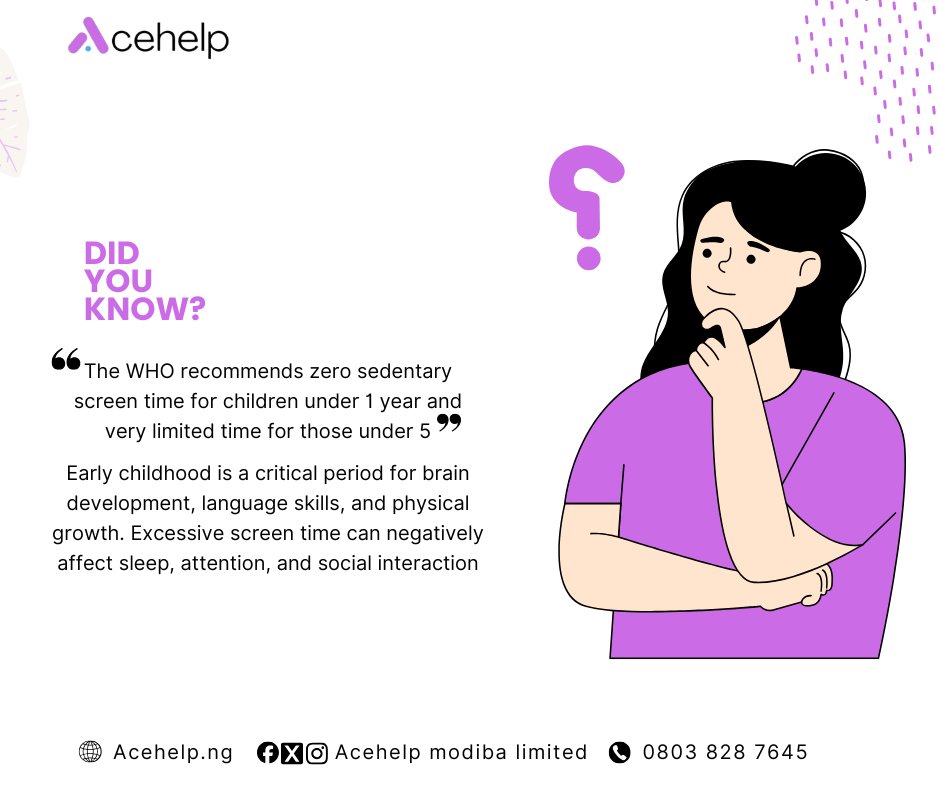 acehelp_ng's tweet photo. The WHO recommends zero sedentary screen time for children under 1 year and very limited time for those under 5

Limiting screen exposure in early childhood helps support healthy brain development, sleep, and physical activity. https://t.co/MYEZnYhLmF