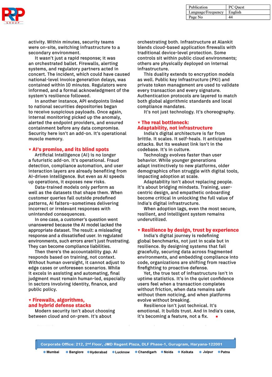 Our Chief Information Officer, Siteshwar Srivastava, features in a detailed PCQuest article titled “Designing for Failure, Building for Trust: Decoding India’s Digital Backbone.
.
.
#DigitalTransformation #CyberSecurity #DevSecOps #Alankit #HybridCloud #FinTech #DigitalIndia