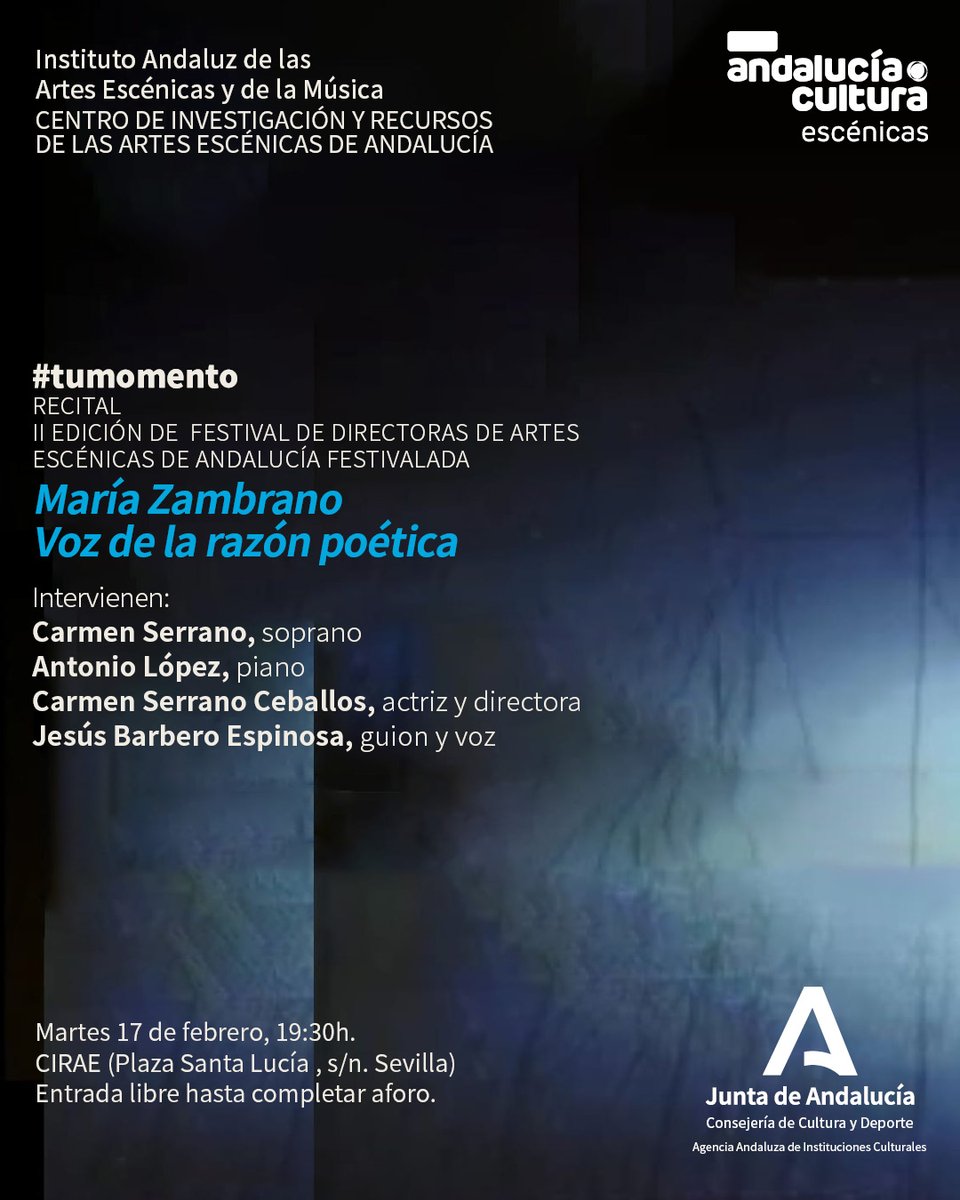 CulturaCuenta's tweet photo. Dentro de la II edición del Festival de Directoras de Artes Escénicas de Andalucía #FESTIVALADA, el #CIRAE acoge mañana, a 19:30h, la lectura dramatizada: María Zambrano: voz de la razón poética

https://t.co/KPaZWsFUVO

@CulturaAND @JuntaSevilla @SevillaOcio @sevilla_secreta https://t.co/KJjF9zAOrA