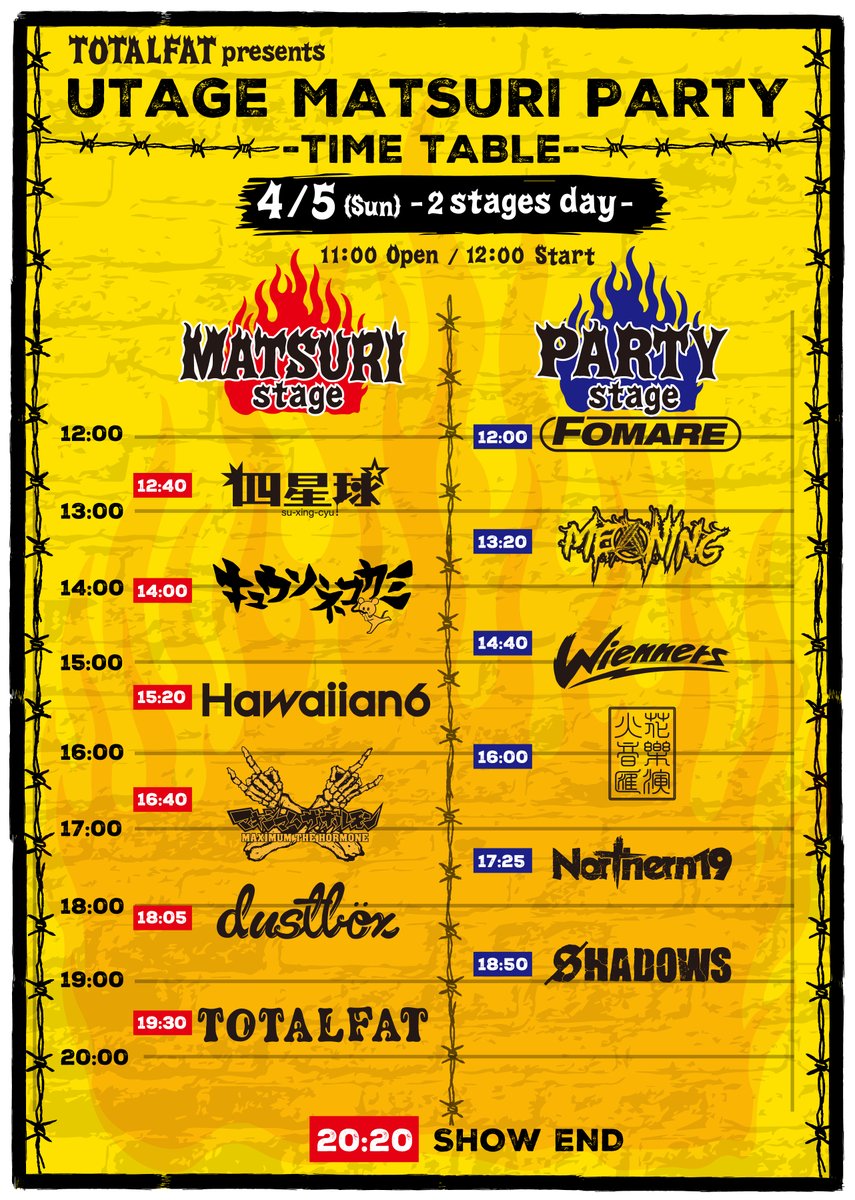 TOTALFAT pre "UTAGE MATSURI PARTY"
タイムテーブル発表🔥
4/4(土) Zepp DiverCity (TOKYO)
4/5(日) Zepp DiverCity (TOKYO)

<一般販売>　2月15日(日)10:00より受付開始
==========================
〈イープラス〉eplus.jp/totalfat25thfi…