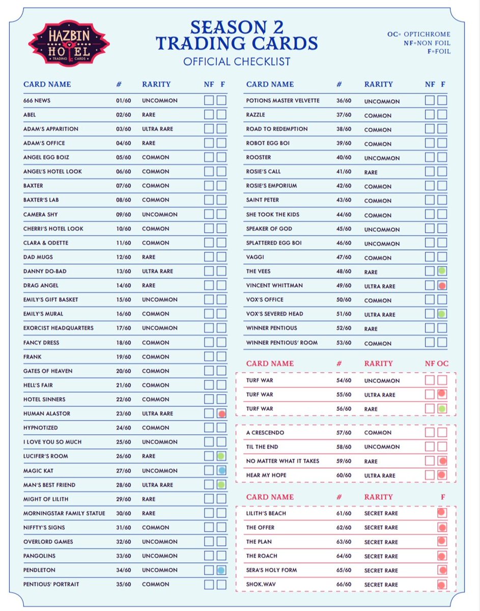 ハズビンホテル シーズン2トレカ
交換 郵送のみ(追跡対応可)

出】画像①②他NF
ものにより複数提供可

求】画像③ 赤>>>>緑>青
青丸⇔画像②不可

後日80p届く予定なので赤丸以外はゆる募
出👑はアラスターorヴィンセントにのみ提供(生前アラスターF最優先)
No.23、49，55、59を特に求めております