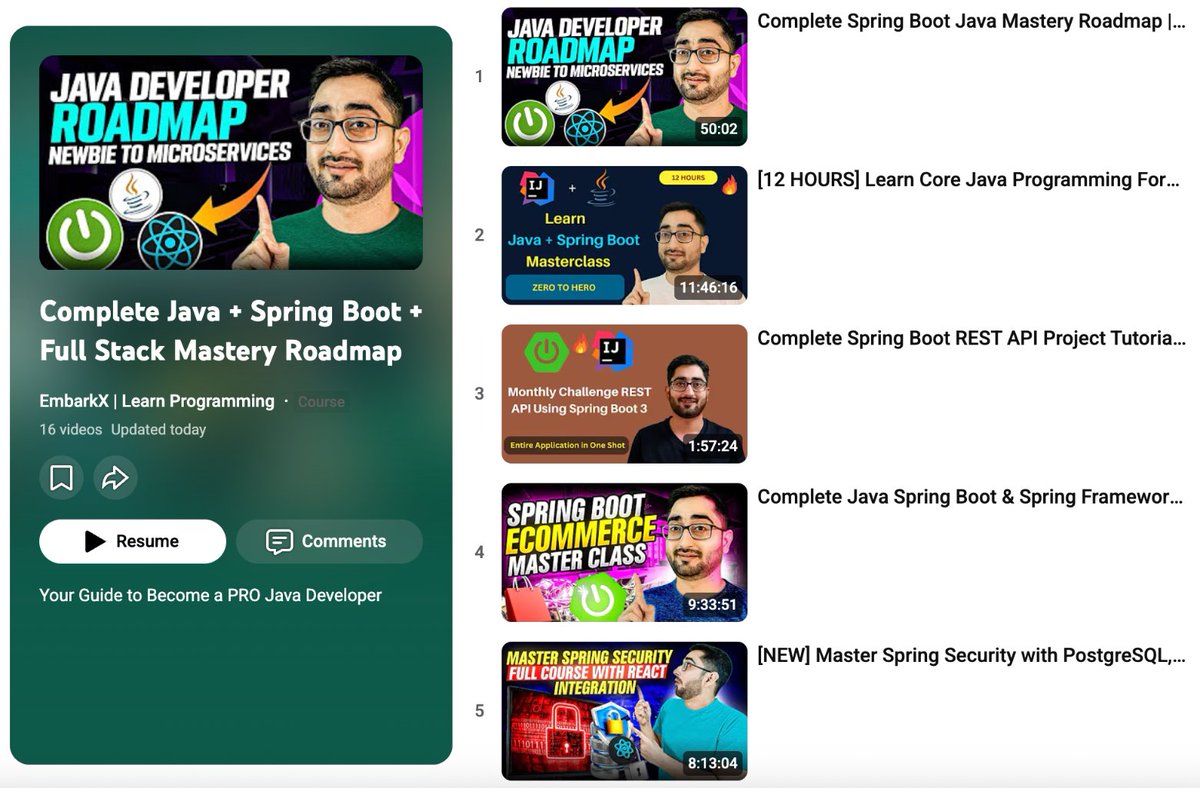 Shruti_0810's tweet photo. 20 Backend Development Complete Courses for 2026:

1. Git
https://t.co/WBbbhDO04x

2. Java + Spring Boot
https://t.co/pOGQDlVi7V

3. Node.js
https://t.co/GvPFlVQEqU

4. REST API
https://t.co/BSqS3EVSiR

5. GraphQL API
https://t.co/DUHC8JzgaZ

6. gRPC
https://t.co/bfVRJJb5hb

7. Webhooks
https://t.co/Ms9VjkLlbq

8. Authentication
https://t.co/Lr2SZS5sMY

9. Payment Gateway Integration
https://t.co/0ZMKUW4mqg

10. Stripe Payment Integration
https://t.co/h7AvED4nPF

11. PayPal Integration
https://t.co/Nx97MZX2Iy

12. PhonPe Integration
https://t.co/bSQYMGaIPU

13. Razorpay Integration
https://t.co/NYGykkDn8m

14. Express.js
https://t.co/HnQ6BSgwQH

15. Kafka
https://t.co/NQFjGSTDfr

16. Redis
https://t.co/9Ni0vL5idX

17. Docker
https://t.co/iqEVtQtRUP

18. Kubernetes
https://t.co/tGUC2hdwSH

19. Design Patterns
https://t.co/FKna96n9sT

20. Backend Complete Course
https://t.co/SdP5Eq9Bx4
