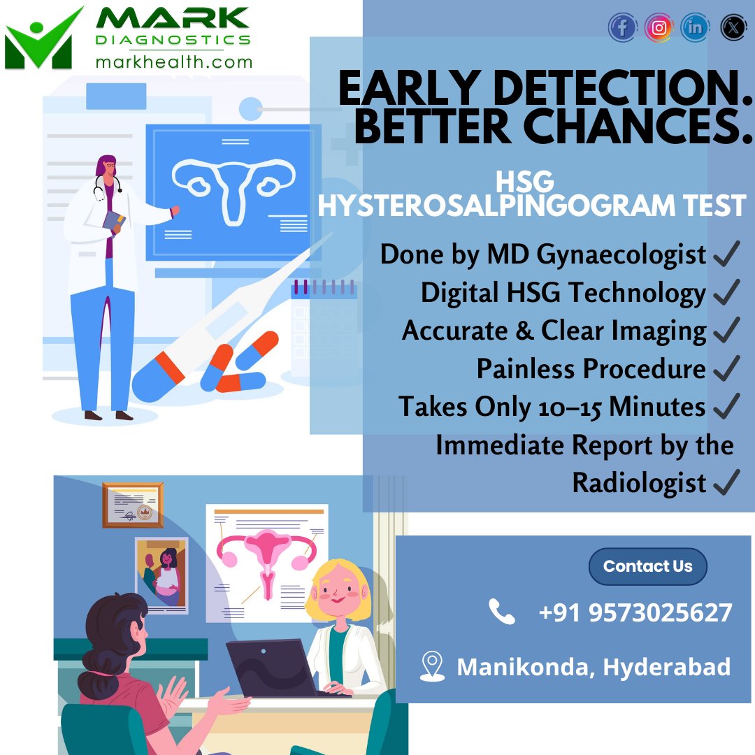 MarkDiagnostics's tweet image. Early detection. Better chances. 
HSG – Hysterosalpingogram Test
✔ MD Gynaecologist
✔ Digital &amp;amp; painless
✔ Clear imaging
✔ 10–15 min test
📄 Immediate report

📍 Manikonda, Hyderabad
📞 +91 9573025627
#HSGTest #DigitalHSG #FertilityCare #InfertilitySupport #Markdiagnostics