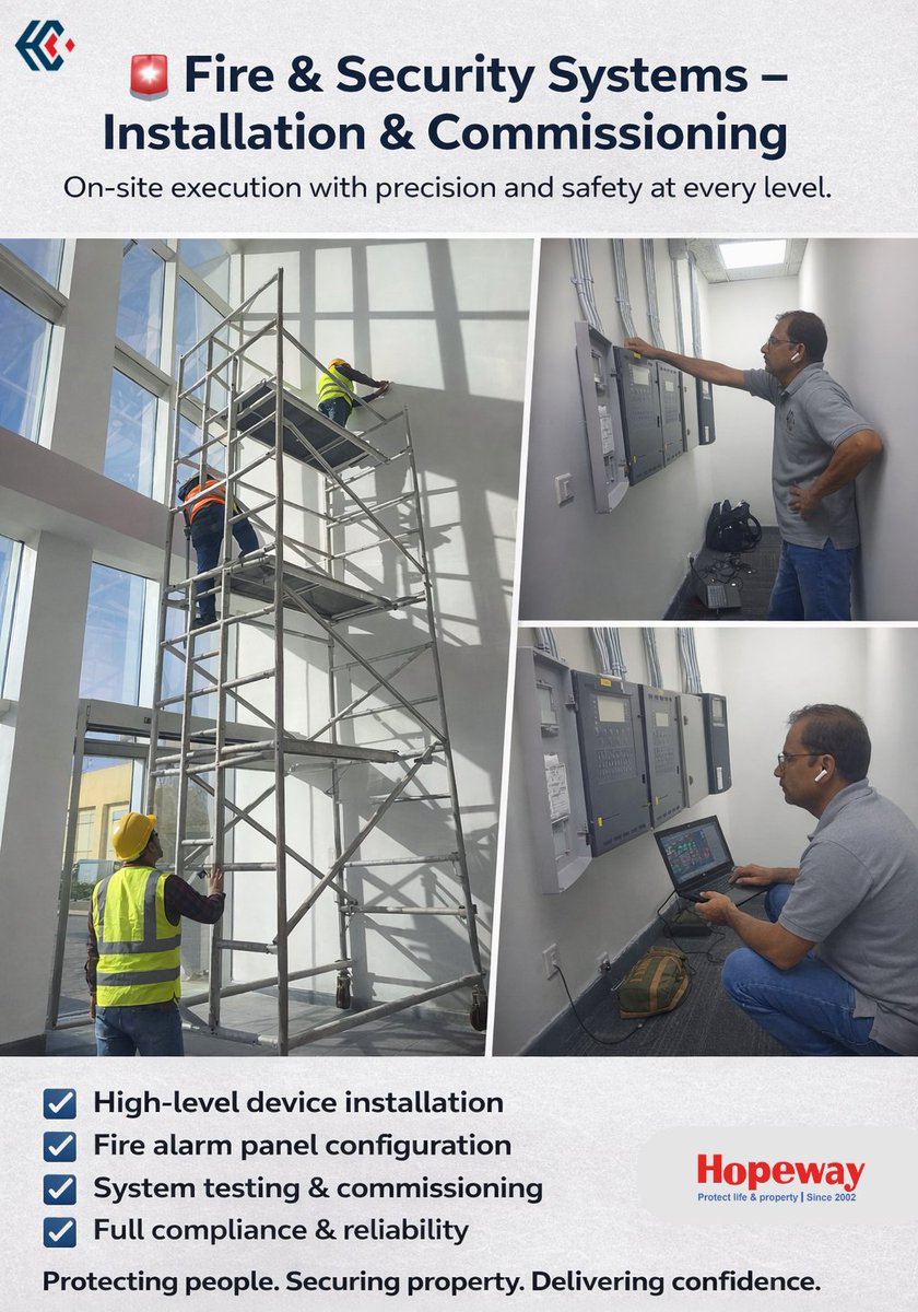 HopewaySafety's tweet image. On-site execution with precision and safety at every level.

From high-level device installation to detailed fire alarm panel configuration and system testing, our team ensures full compliance, reliability, and operational readiness.

Because when it comes to life safety systems,